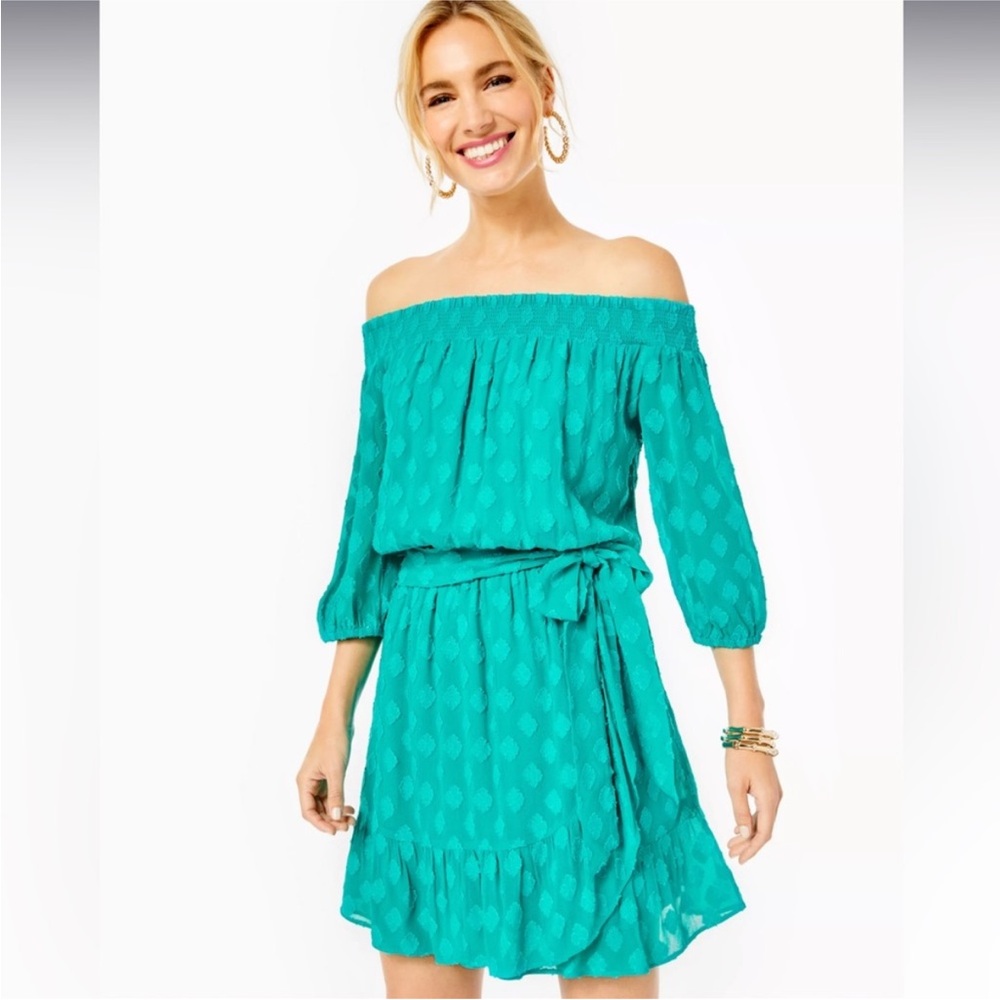 Lilly Pulitzer Rochelle Off-The-Shoulder Romper 3/4 Sleeves Green Size Medium - Picture 2 of 15